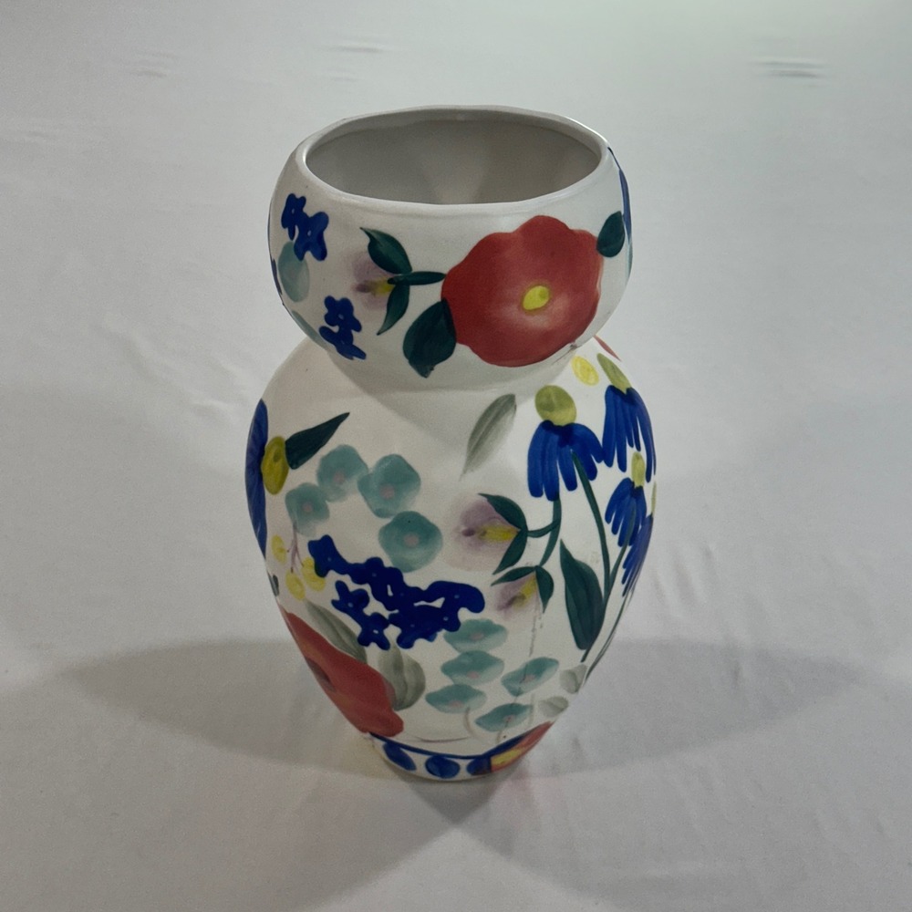 Anthropologie Carmo Handmade Stoneware Floral Vase 9.5in Red Blue Retired